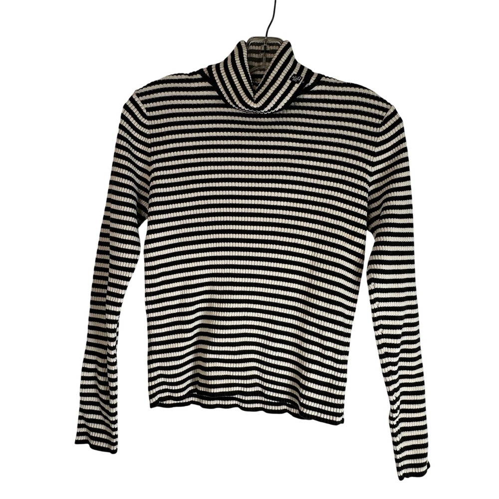 Lauren Ralph Lauren Petite P/P XS Striped Turtleneck Sweater Black Cream Cotton